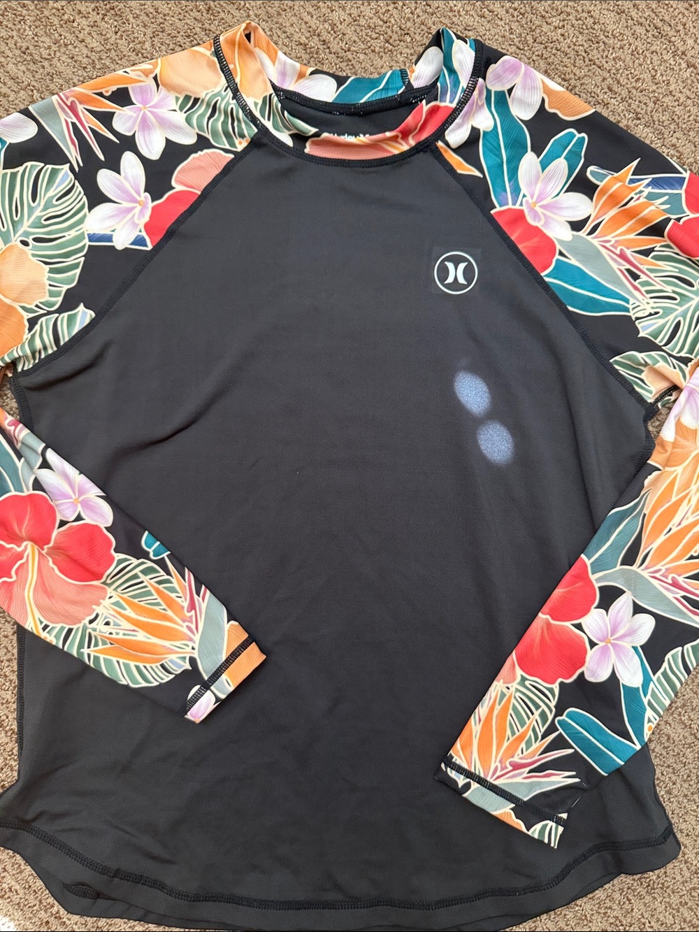 Hurley Black Rashguard with Tropical Floral Sleeves